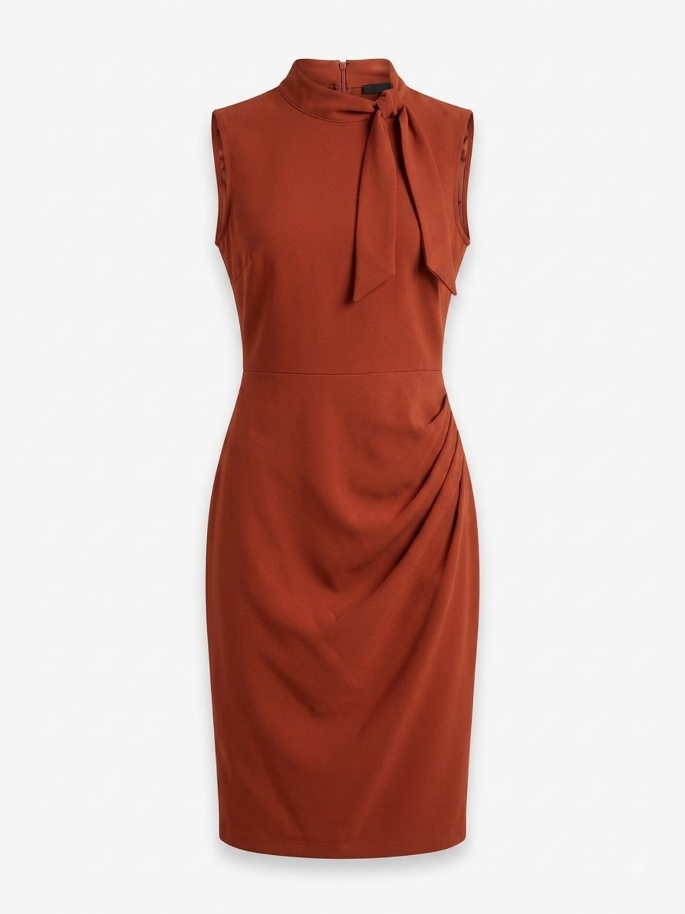 Terracotta Sleeveless Bow Neck Ruched Sheath Corporate Chic Midi Dress Miusol L